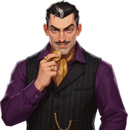 Jesper Crooke, a slick man with a moustache and pinstripe waistcoat, flipping a coin
