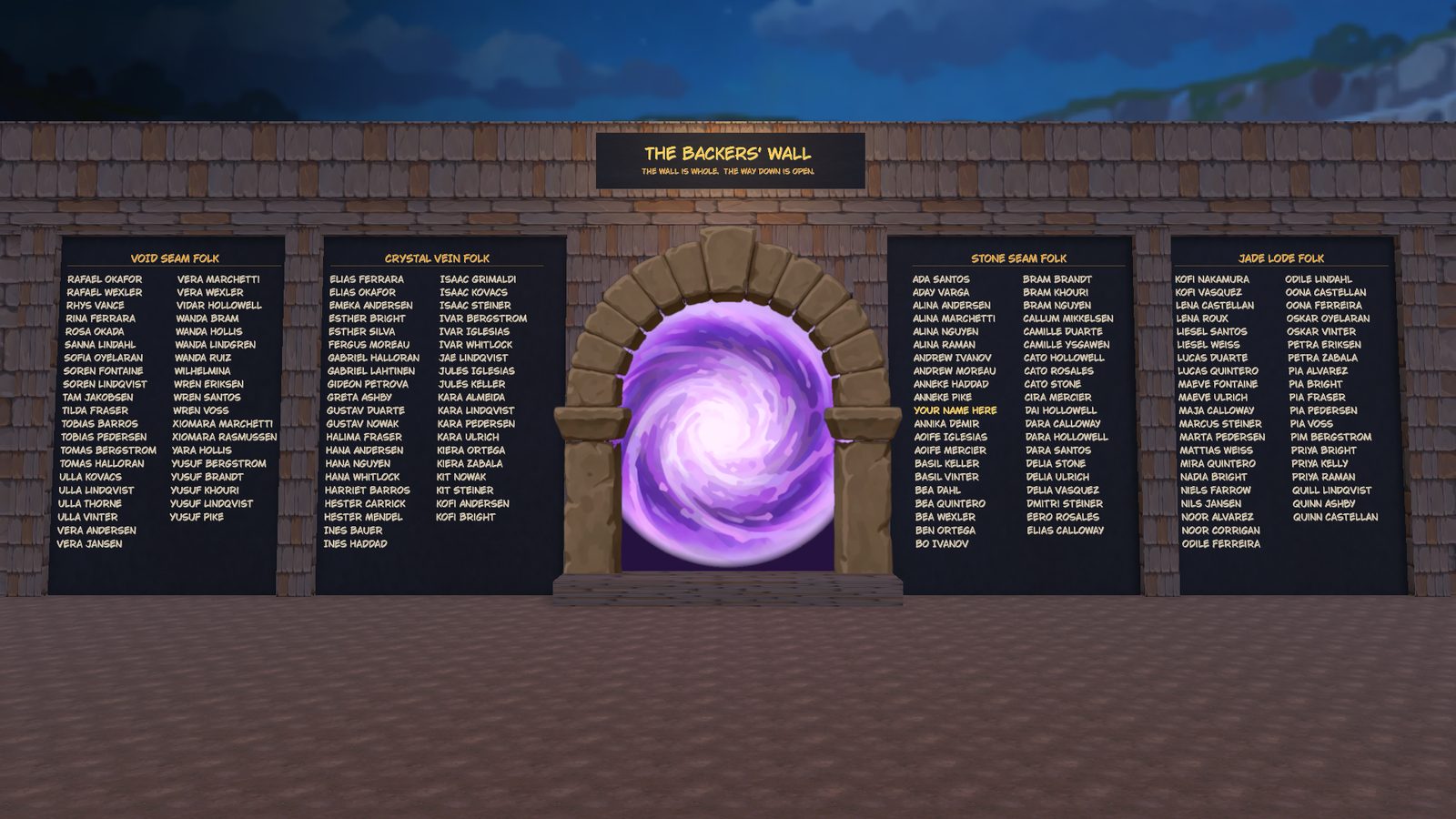 The Backers' Wall in the game: four stone panels of names around a glowing purple portal