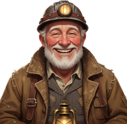 Wick, a smiling old miner with a white beard and a helmet lamp